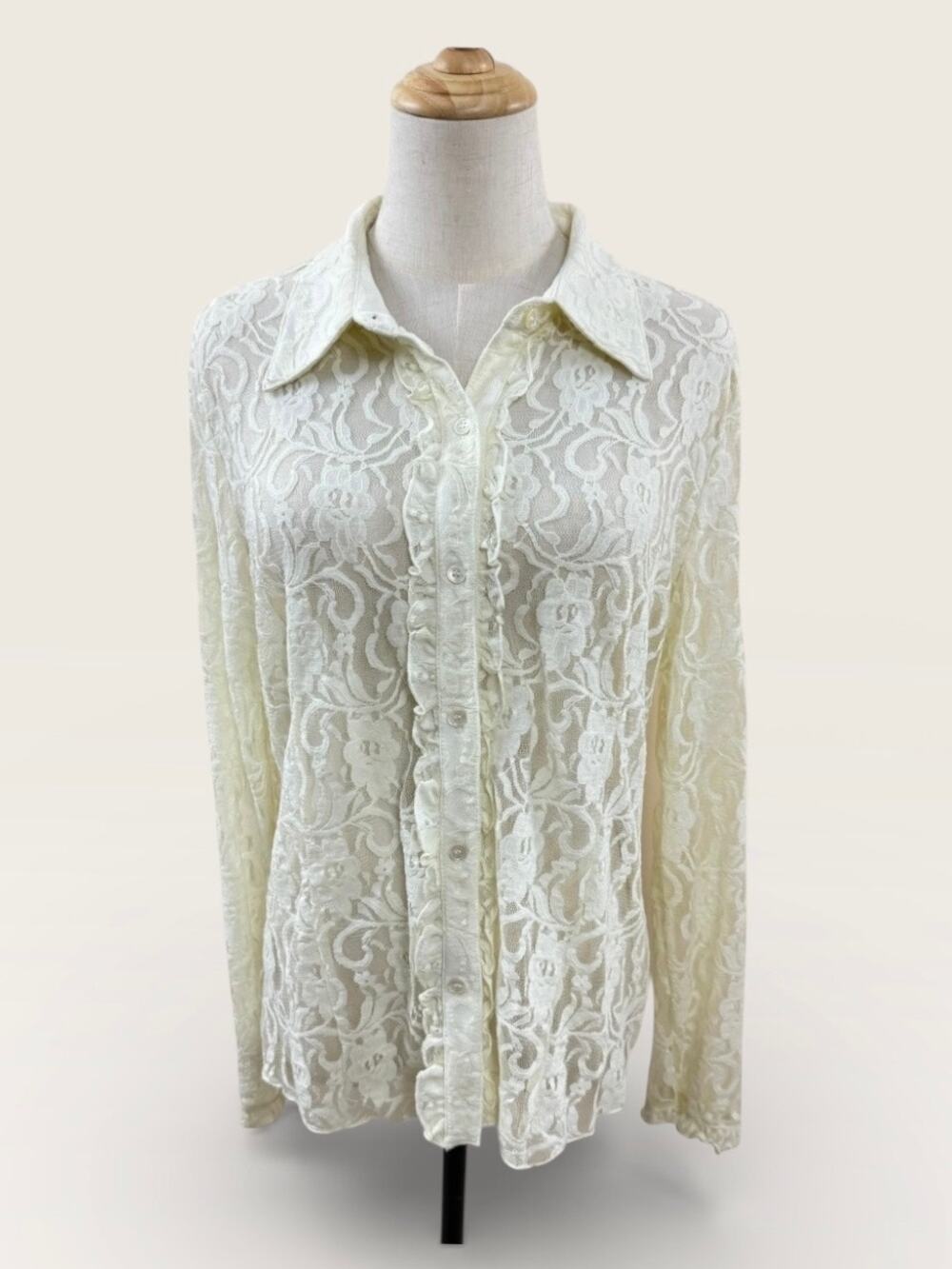 Vintage Susan Bristol Cream Sheer Lace Tuxedo Blouse, Size M